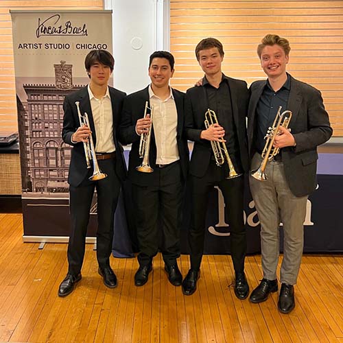 Bach Trumpet Competition Finalists. Left to Right, Oliver Zhang, Kalebe Requena, Nikolaj Hansen, and Michail Thompson.