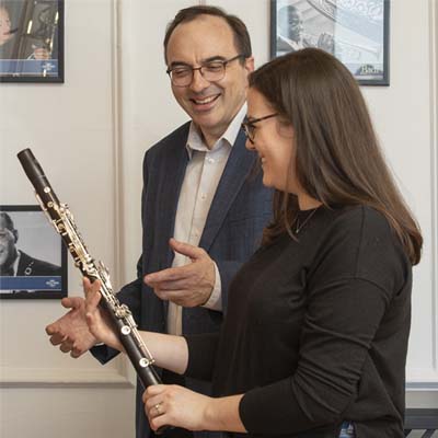 Mark Dulin showing off a clarinet.