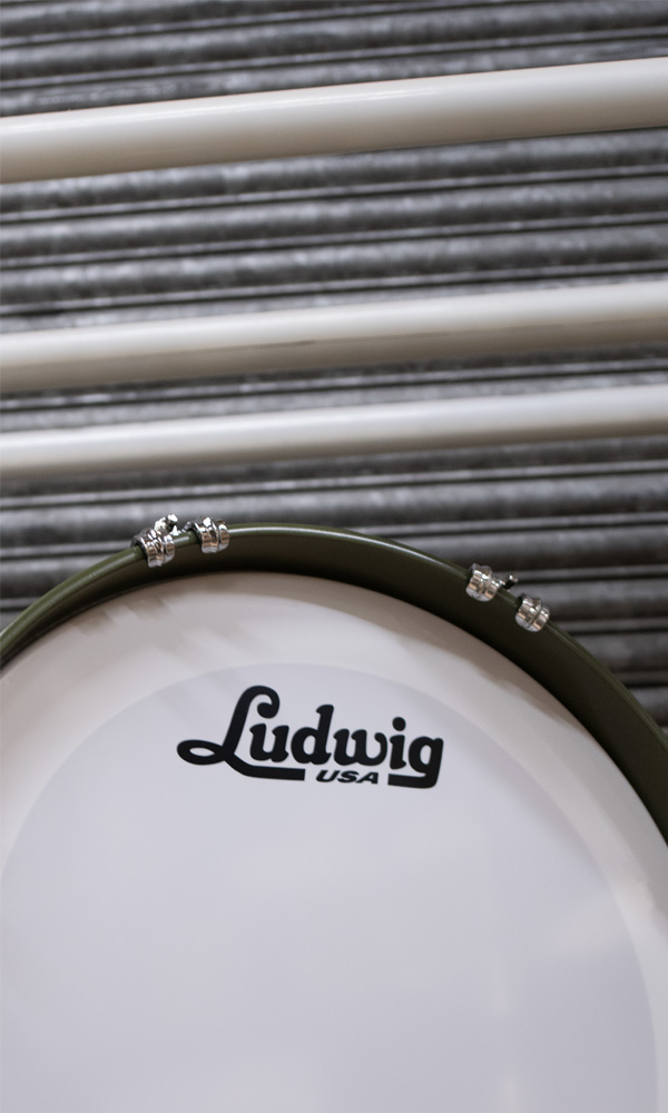 Closeup of a Ludwig drum logo