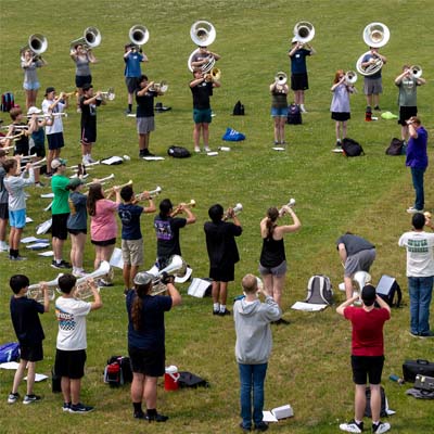 Student band practicing on the field