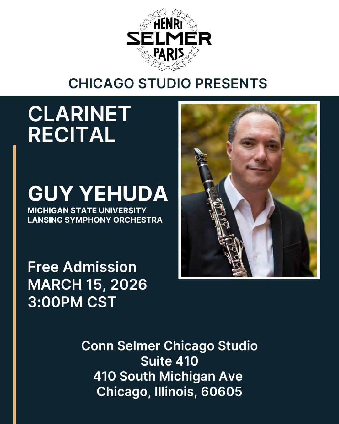 Guy Yehuda Clarinet Recital Conn Selmer Chicago Studio